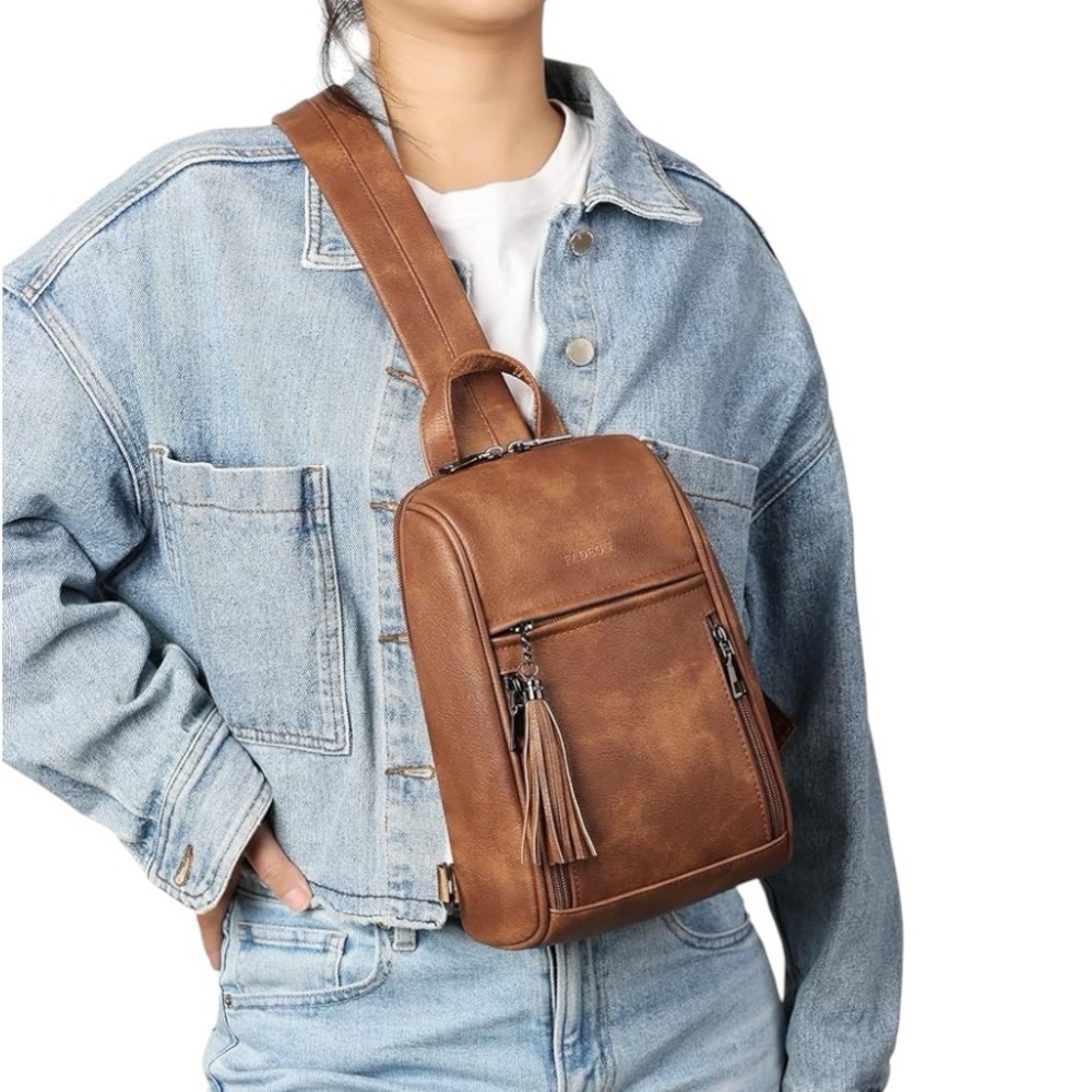 NWT Fadeon Tan Brown Sling Travel Crossbody Tassel Bag